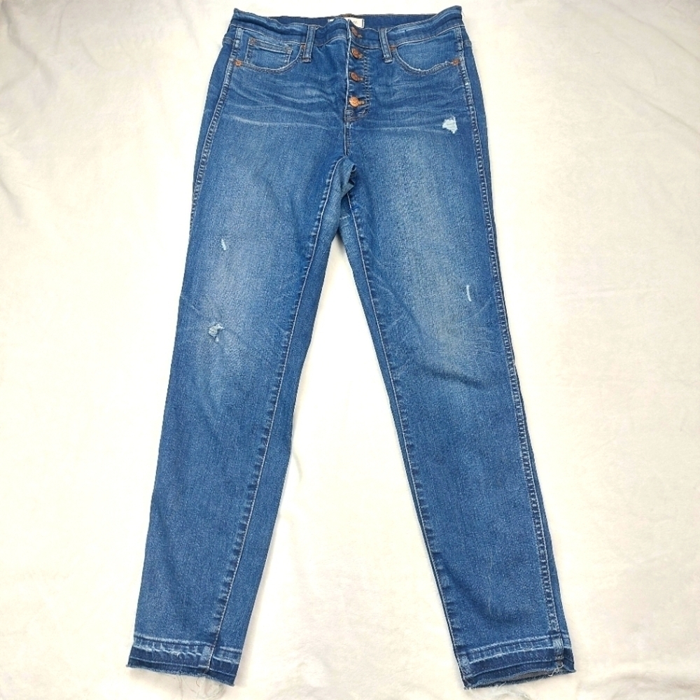 MADEWELL WOMEN'S 10" HIGHRISE SKINNY BUTTON FLY DENIM BLUE JEANS SIZE 29 *REPAIR